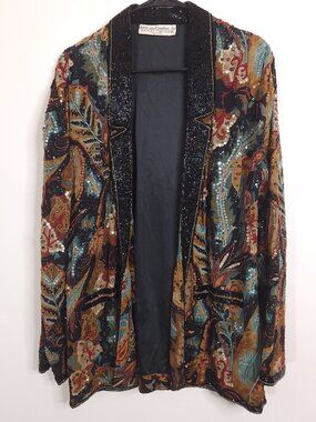 Vintage Judith Ann Creations Sequin Beaded Silk Jacket Floral Leaf Design